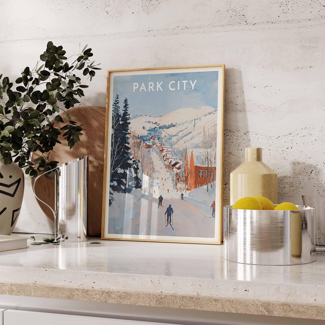 Park City Wide Run Skiers Red Lodge Blue Peaks Winter Scene Poster - Image 2