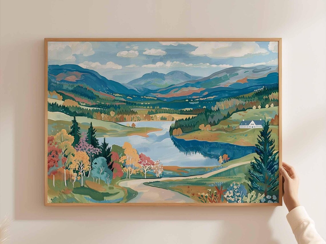 Cairngorms Autumn Loch Lodge Colorful Trees Road Painting Poster