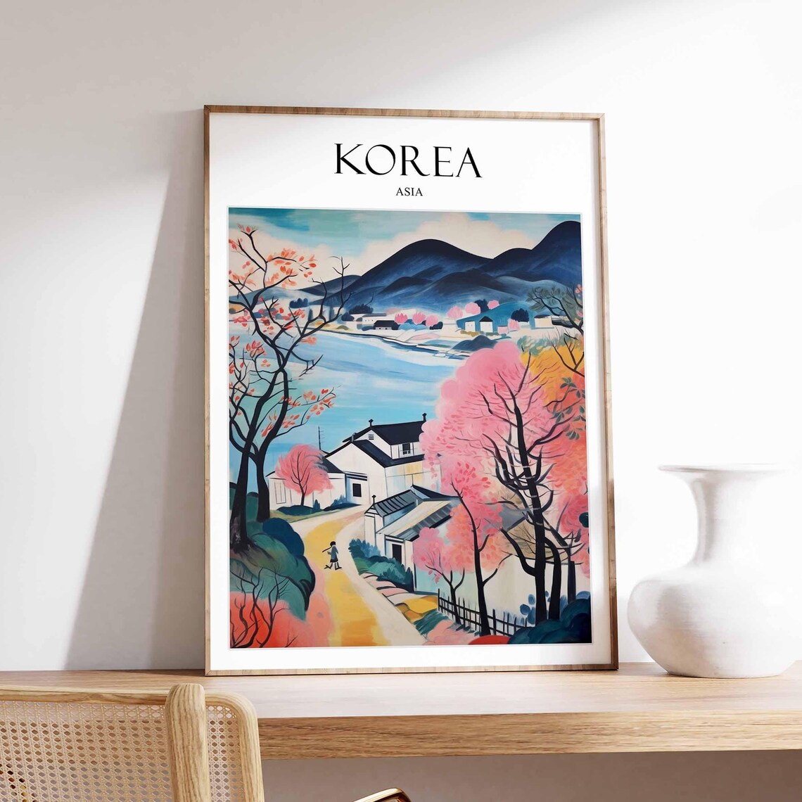 Korea Asia Travel Poster Cherry Blossom Village Mountain Spring Art