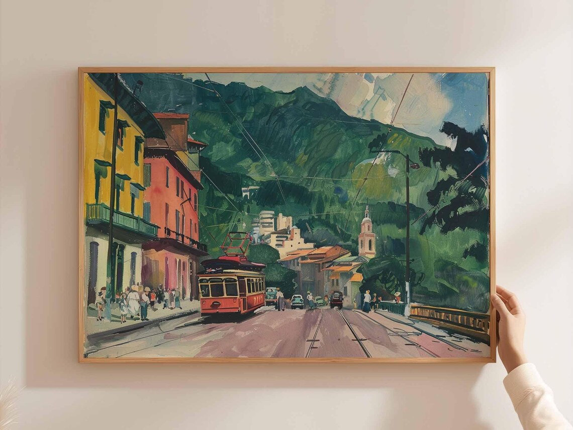 Caracas Street Red Tram Church Tower Green Mountains Art Poster