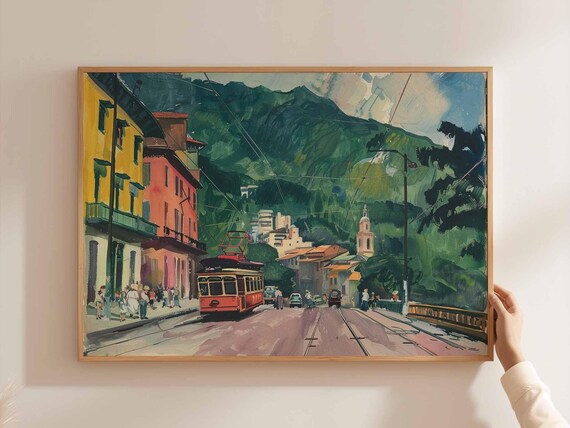 Caracas Street Red Tram Church Tower Green Mountains Art Poster