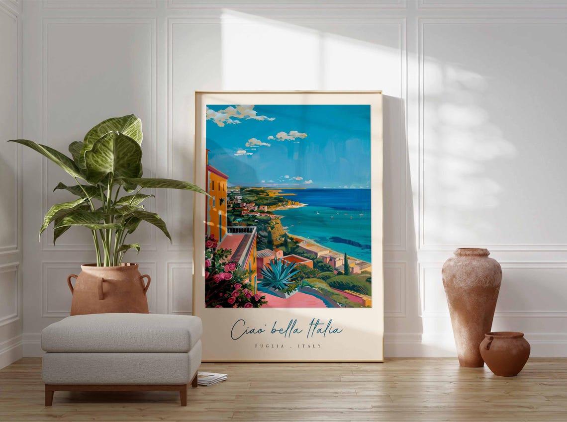 Puglia Italy Cliff Coast Terrace Bloom Pink Flower View Poster - Image 3