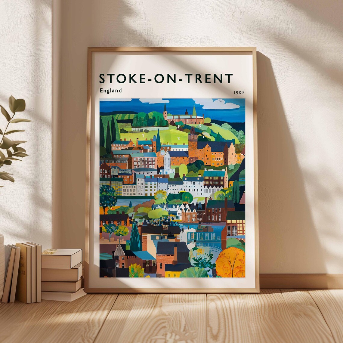 Stoke On Trent England 1989 Hillside Town Church Painted Travel Art Poster