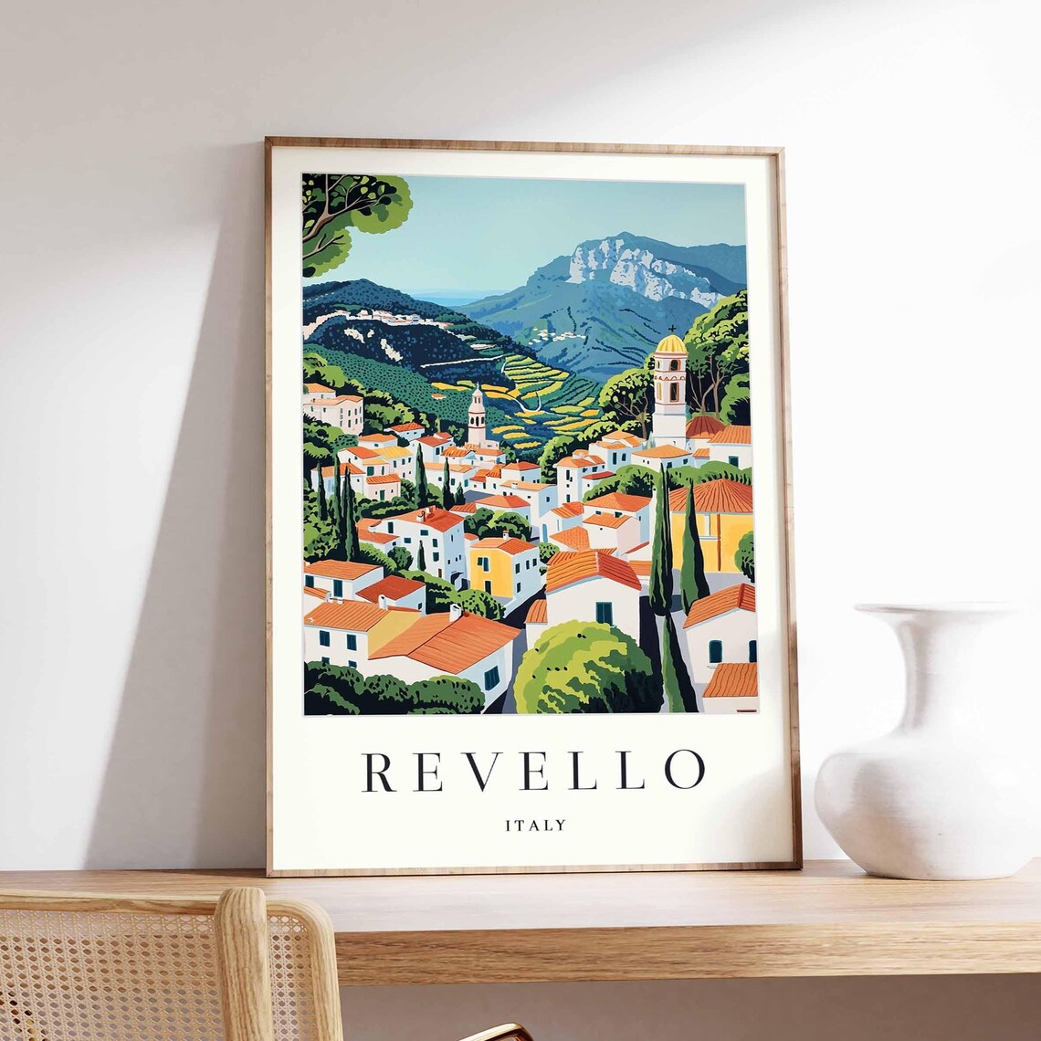 Revello Italy Mountain Town Church Towers Terraces Green Hills Poster