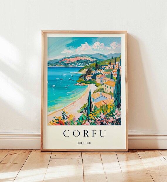 Corfu Greece Turquoise Bay Fishing Boats Hillside Village Travel Poster