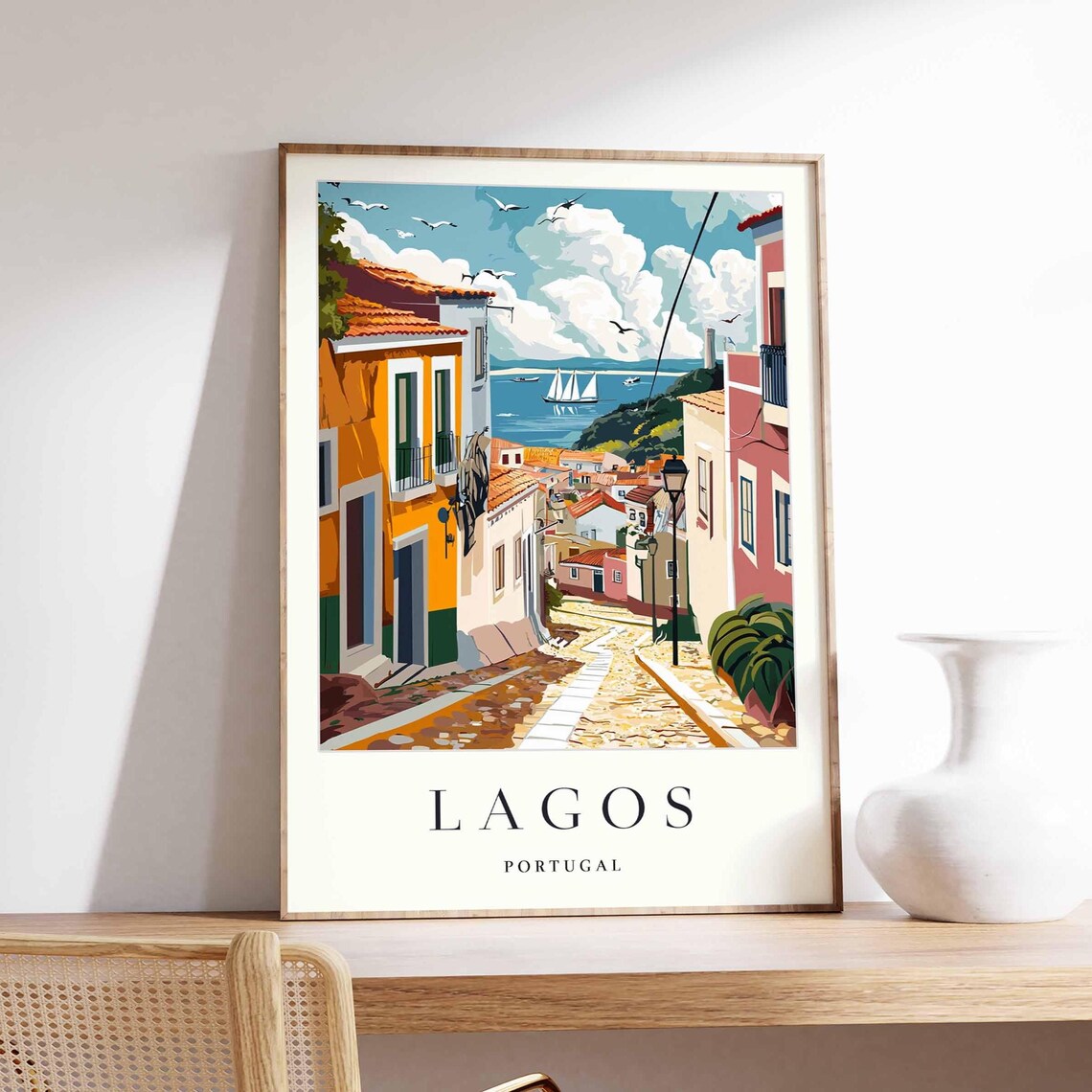 Lagos Portugal Cobbled Street Seaside Sailboats Vintage Travel Poster