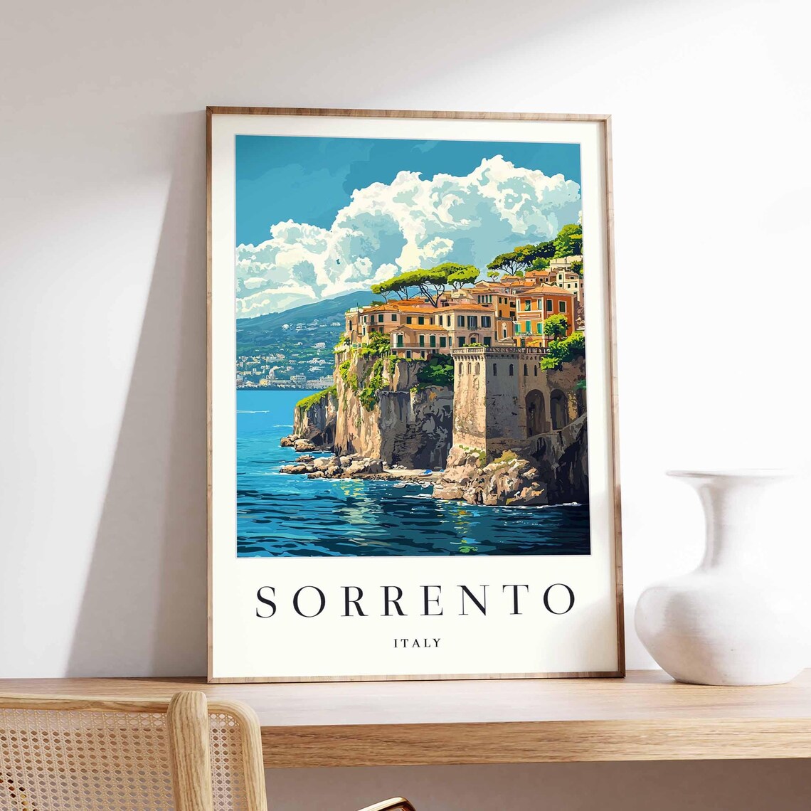 Sorrento Italy Cliffside Old Town Stone Tower Coastal Travel Poster