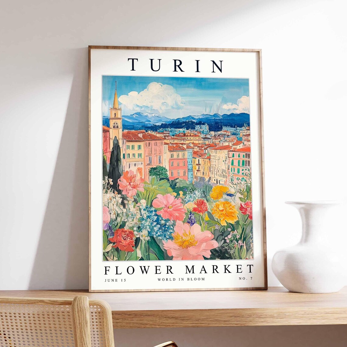 Turin Flower Market Snowy Mountains Cityscape Bright Floral Poster