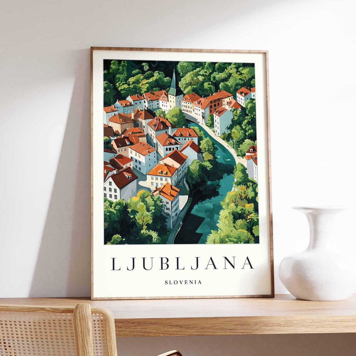 Ljubljana Slovenia Aerial Red Rooftops River Bend Art Poster