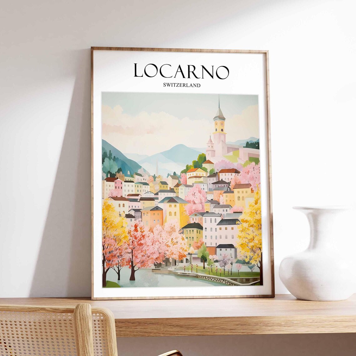 Locarno Switzerland Vintage Travel Poster with Spring Blossom Street