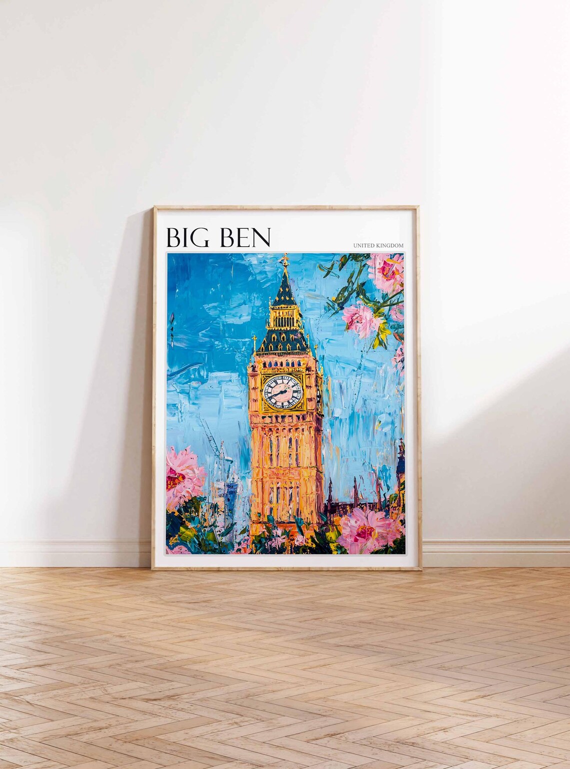 Big Ben United Kingdom Tower and Pink Blossom Sky View Poster - Image 3
