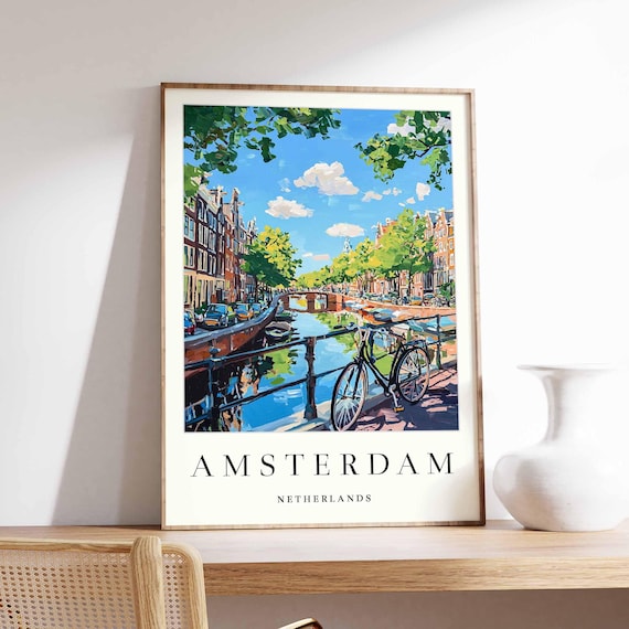 Amsterdam Canal with Bicycle and Bridge Sunny Day Art Poster