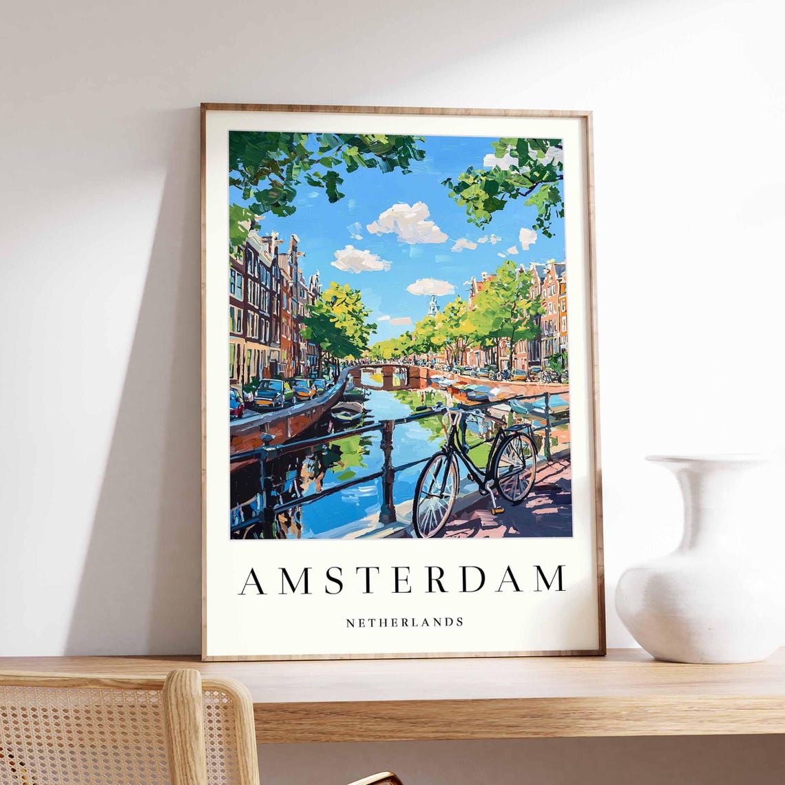Amsterdam Canal with Bicycle and Bridge Sunny Day Art Poster