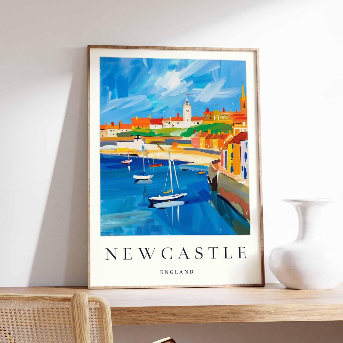 Newcastle England Harbor Sailboats Painterly Coastal Scene Poster