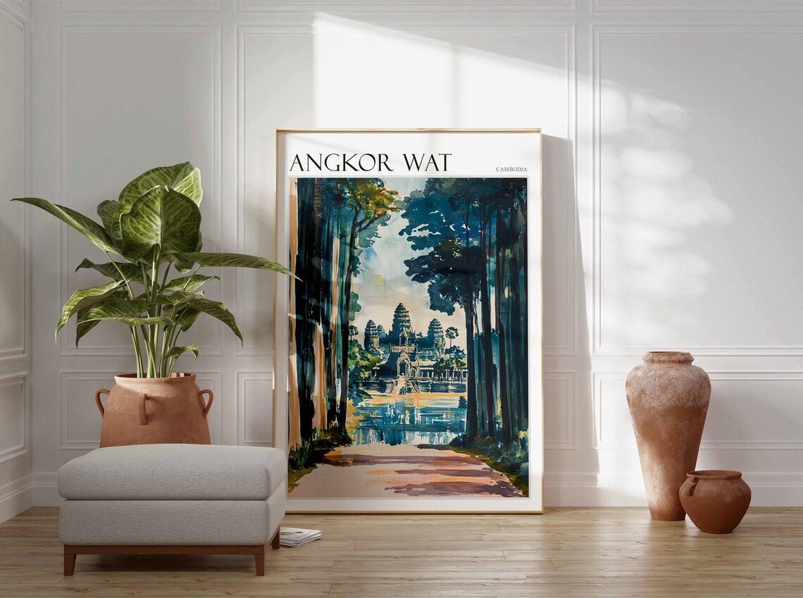 Angkor Wat Cambodia Forest Pathway Watercolor Painting Art Poster - Image 2