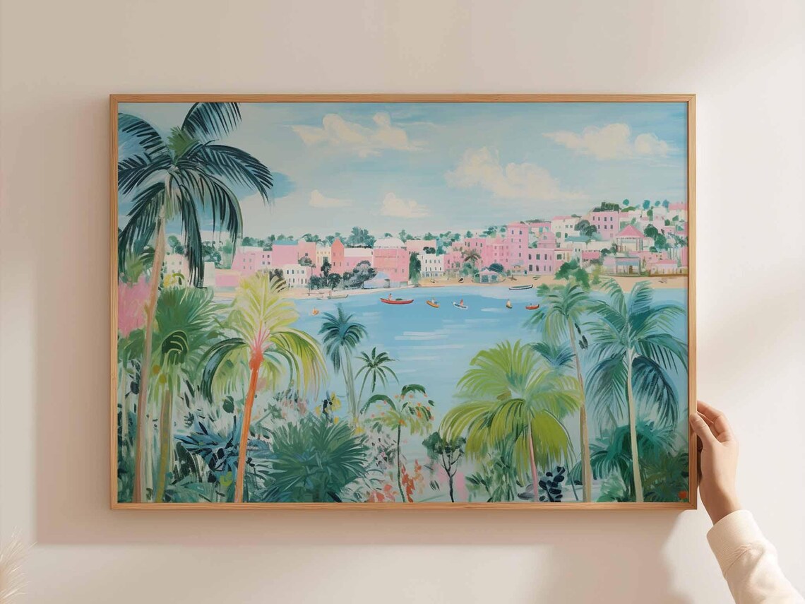 Pastel Coastal Town Palm Trees Bay Watercolor Painting Poster