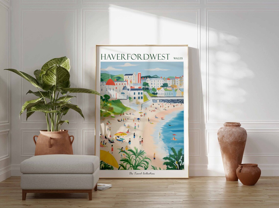 Haverfordwest Wales Crowded Beach Yellow Umbrellas Hill Town Poster - Image 3