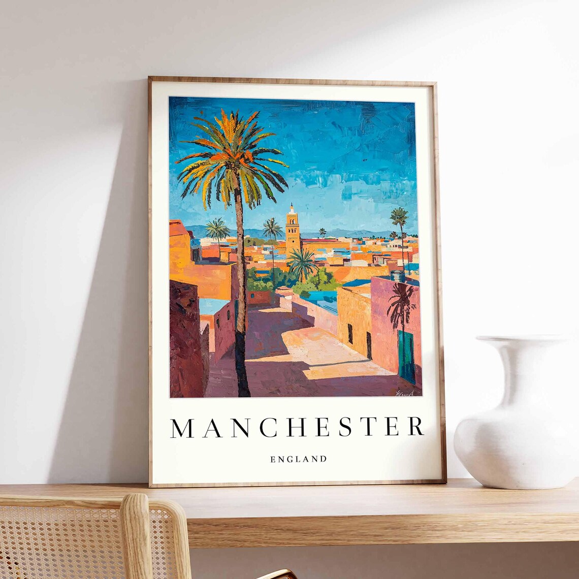 Moroccan Medina Old Town Palm Trees Minaret Desert Scene Poster
