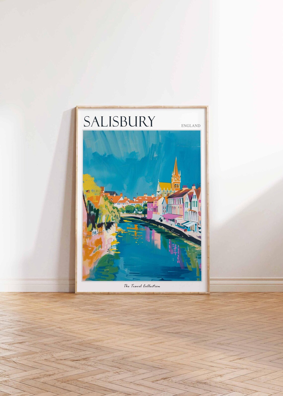 Salisbury England Colorful Riverfront Church Spire Art Travel Poster - Image 2