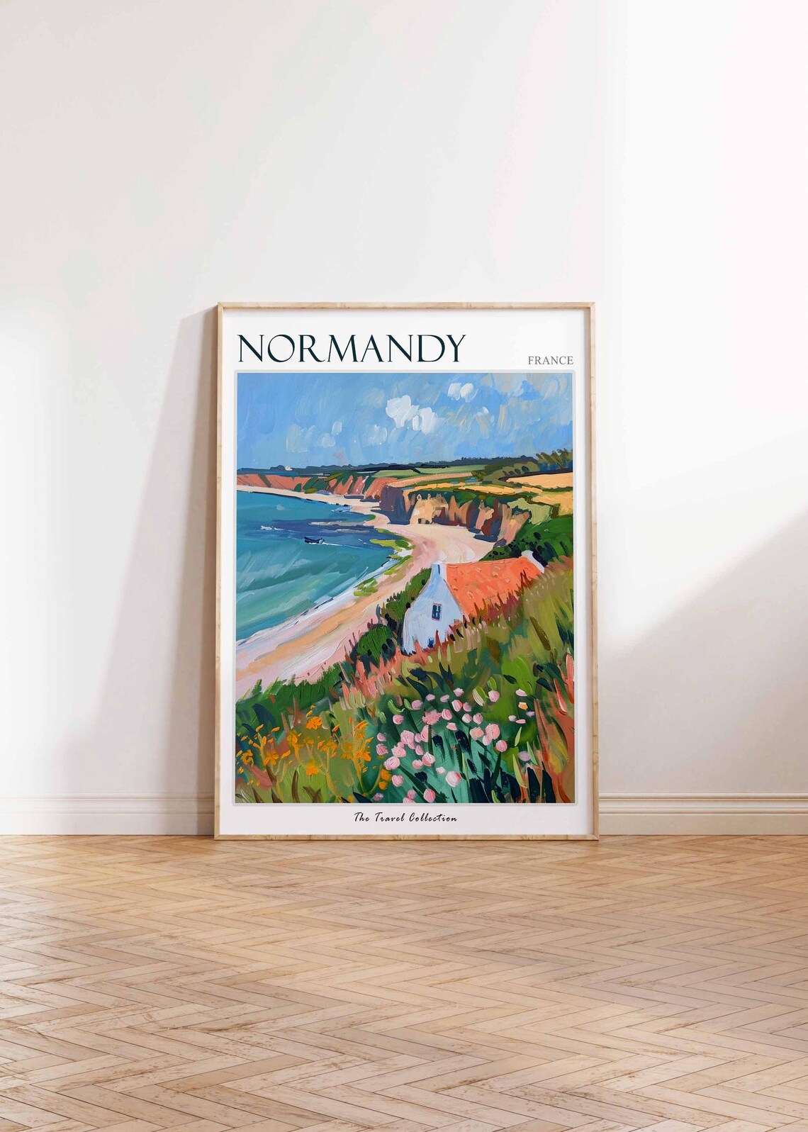 Normandy France Red Cliffs Cottage Wildflower Painting Travel Poster - Image 2