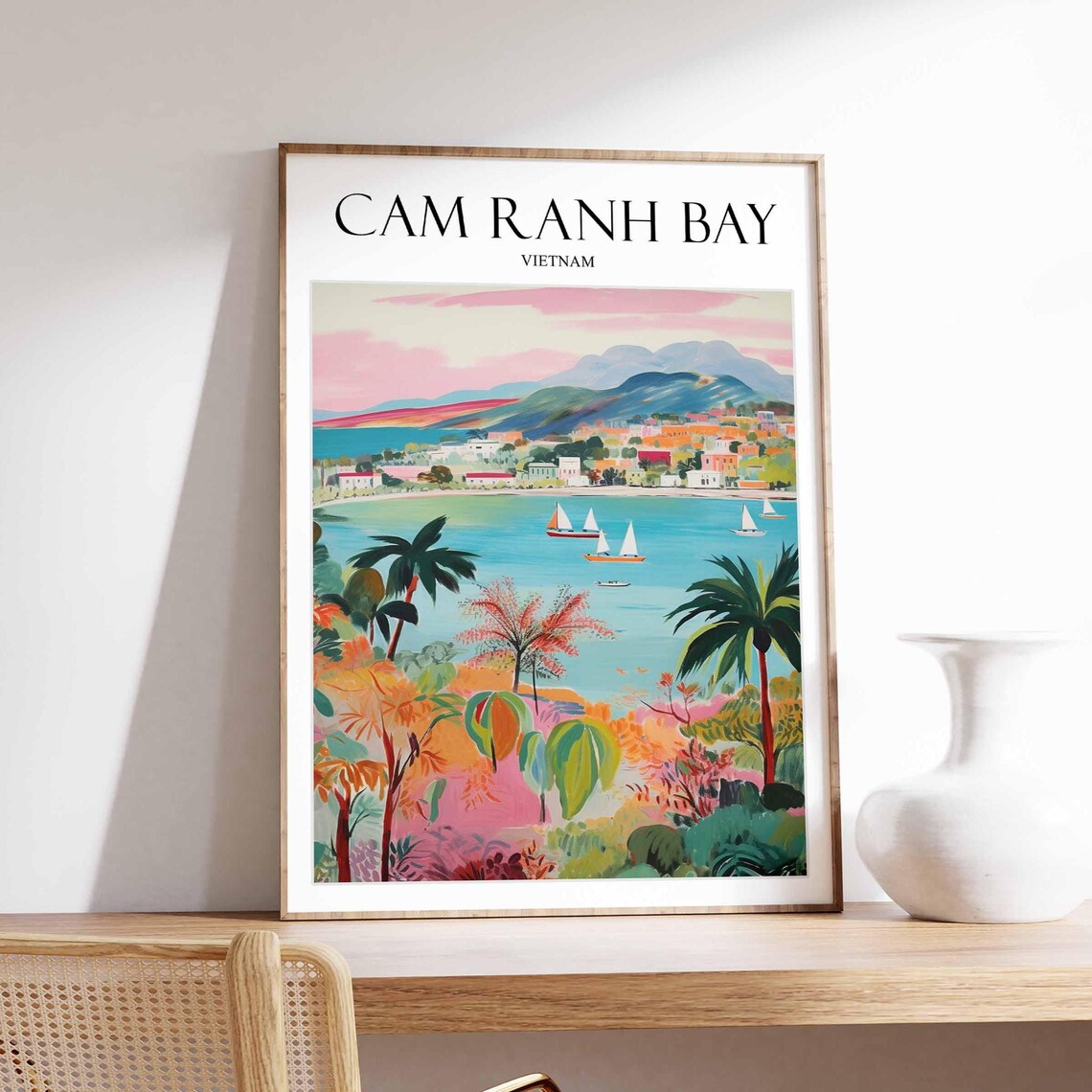 Cam Ranh Bay Vietnam Sailboats Palm Trees Beach Town Art Poster