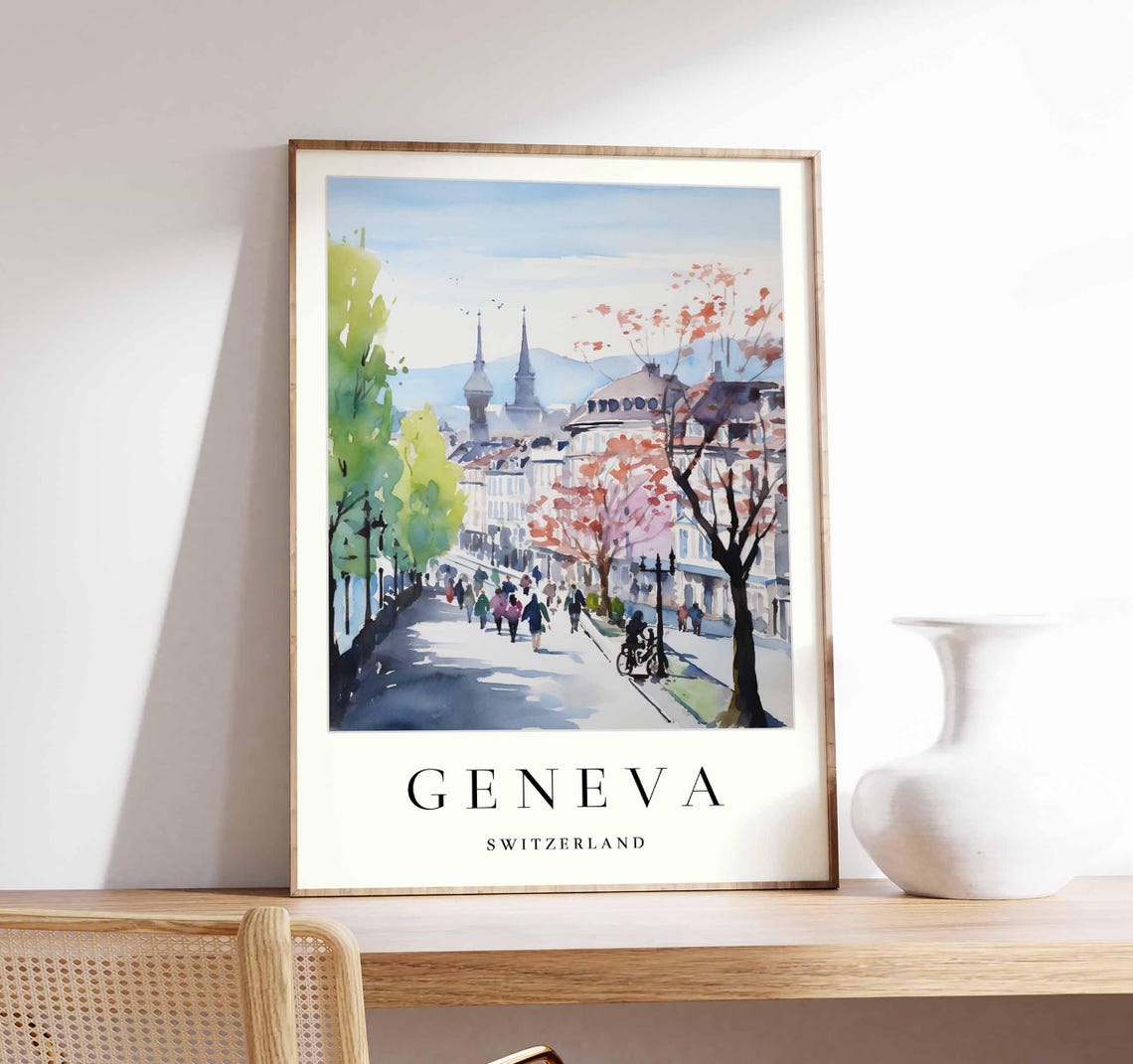 Geneva Switzerland Spring Street Scene Soft Watercolor Poster