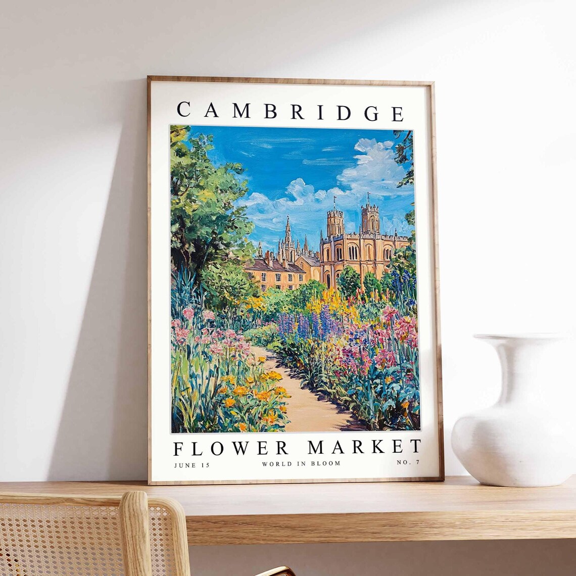 Cambridge Flower Market Garden Walk With Purple Delphiniums Poster