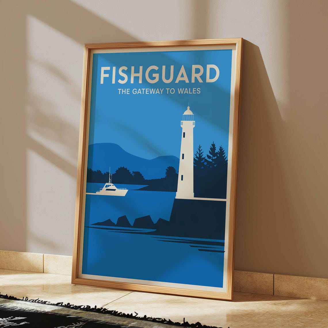 Fishguard Gateway to Wales Lighthouse Blue Minimal Travel Poster - Image 2