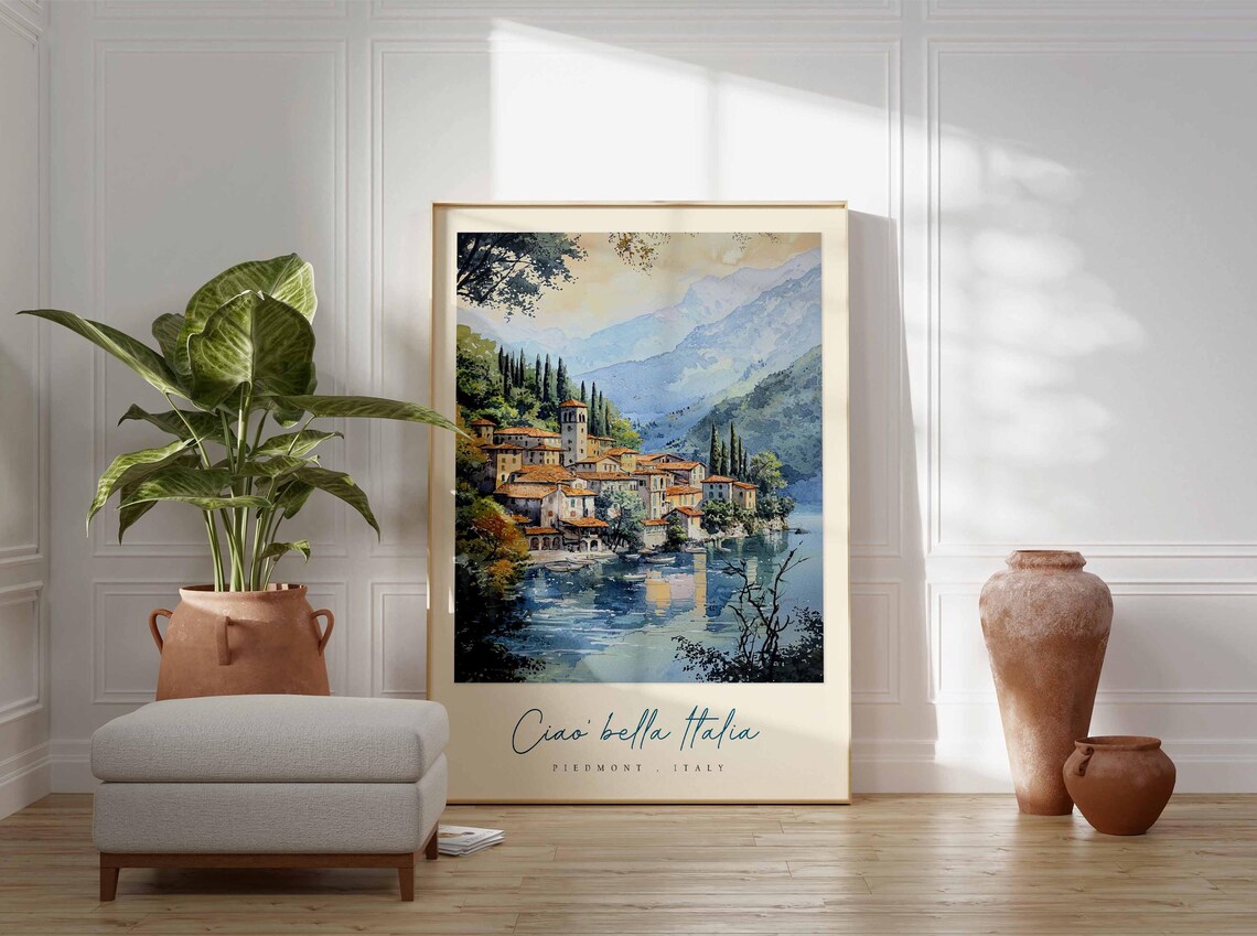 Piedmont Italy Lakeside Village Reflection Watercolor Travel Poster - Image 3