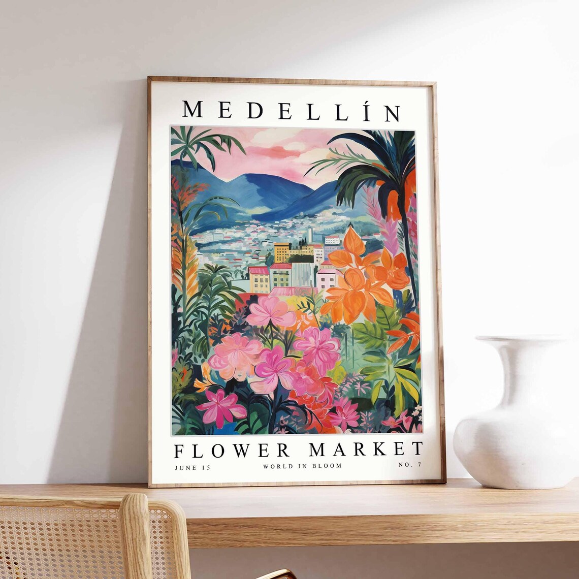 Medellín Flower Market No 7 Pink Sky Mountain Lake Tropical Poster