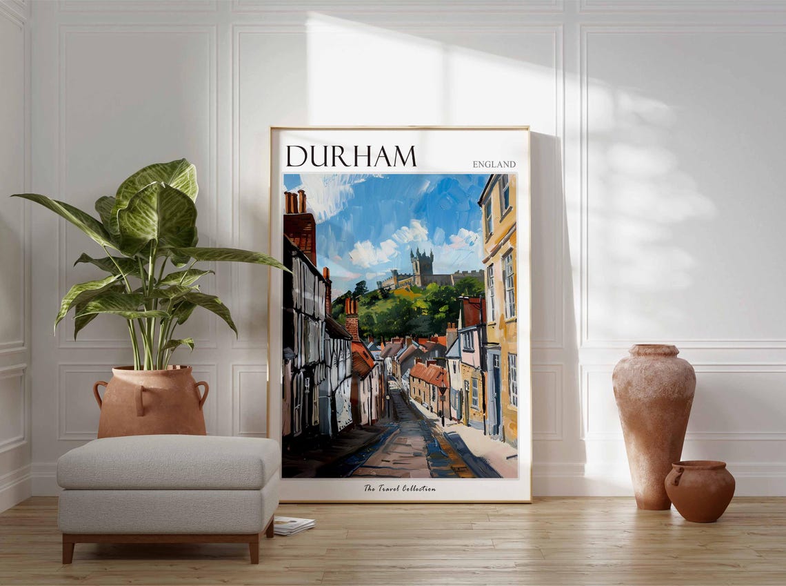 Durham England Old Street Leading to Cathedral on Hill Poster - Image 2