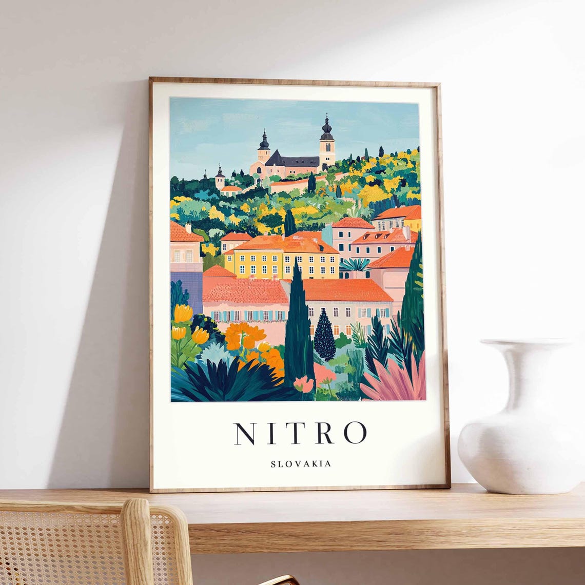 Nitro Slovakia Hilltop Castle Flowers Old Town Scene Art Poster