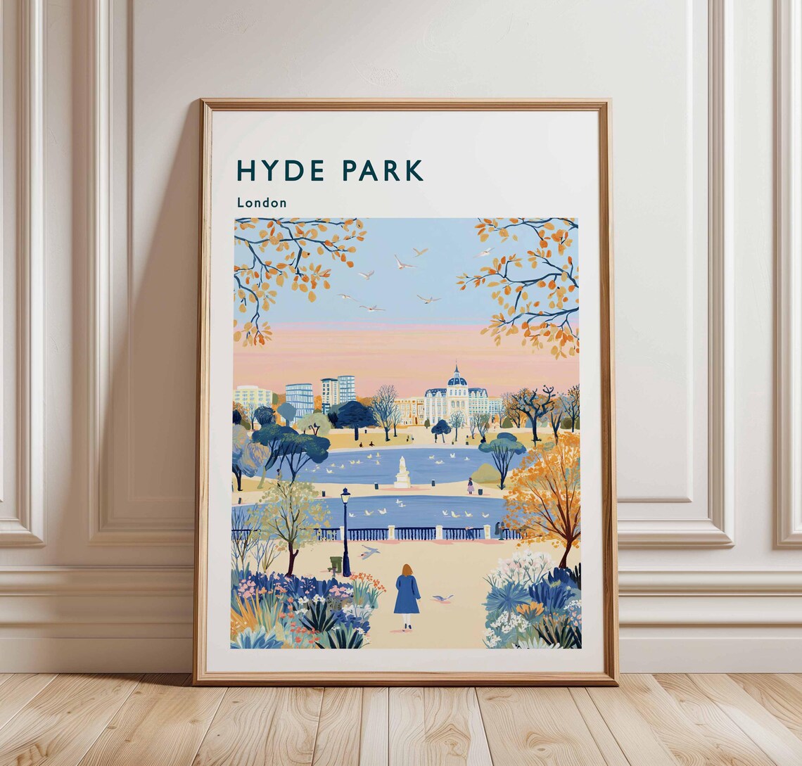 Golden Hyde Park London Fountain Walk Autumn Floral Travel Poster