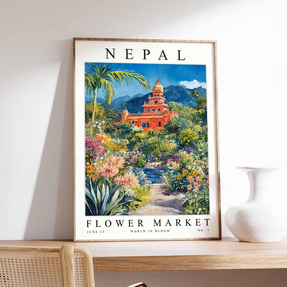 Nepal Flower Market Red Roofed Temple Crimson Garden Art Poster