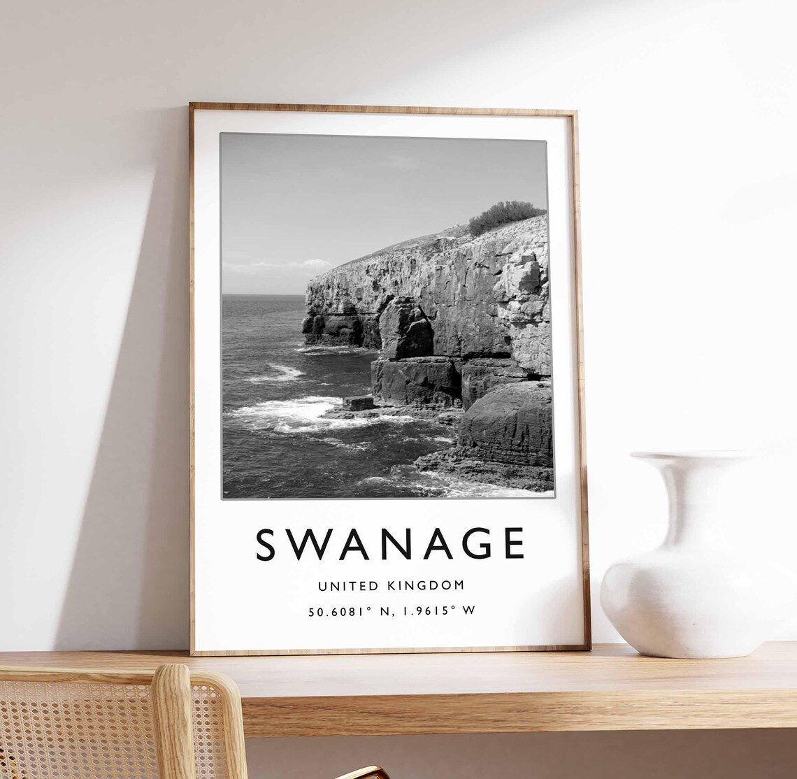 Swanage United Kingdom Cliffs Black White Coastal Photo Poster