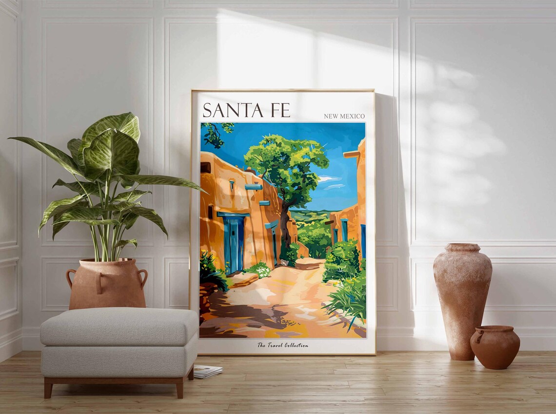 Santa Fe New Mexico Travel Poster Adobe Alley Blue Doors Painting Art - Image 3
