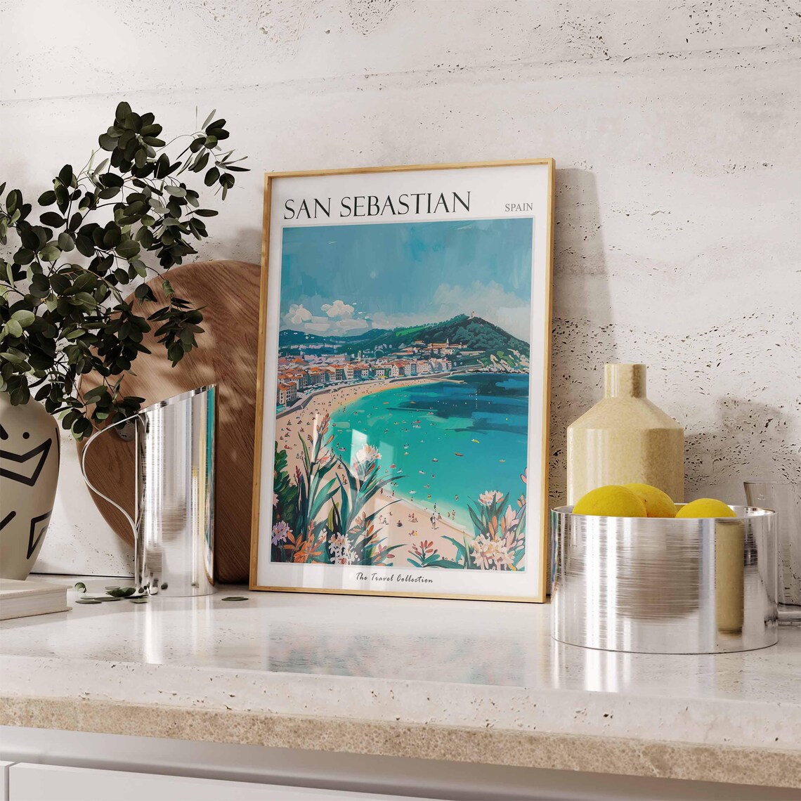 San Sebastian Spain Crescent Bay Beach Illustrated Travel Poster Art - Image 3
