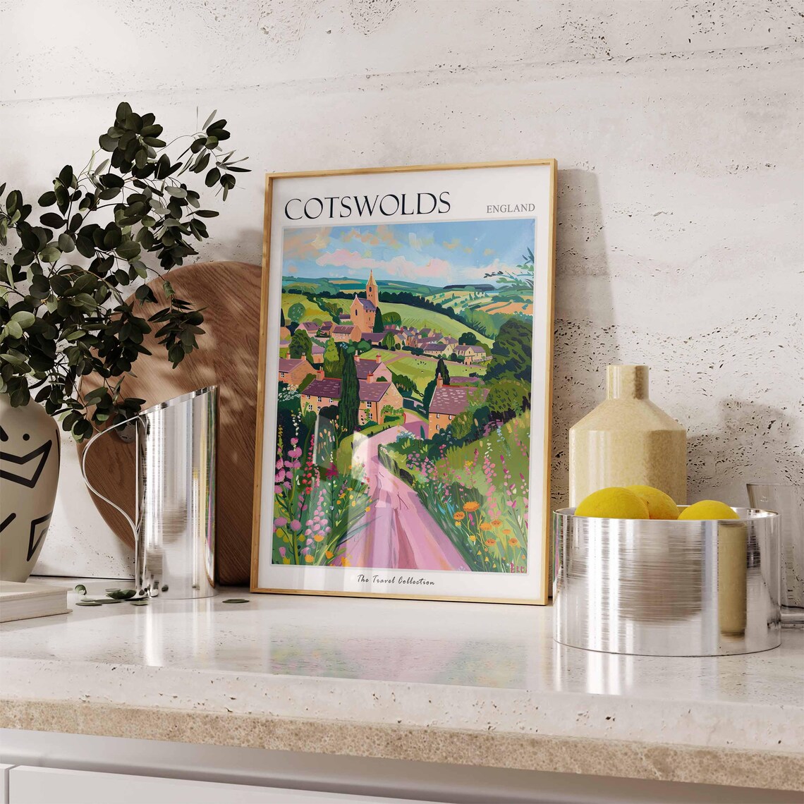 Cotswolds England Village Church Spire Pink Lane Blossoms Poster - Image 3