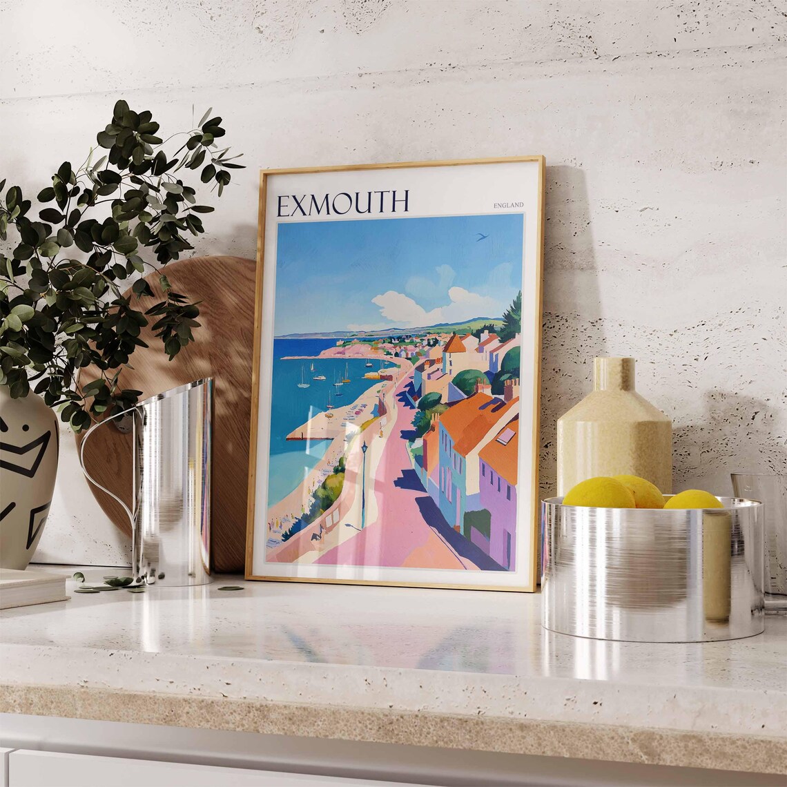 Exmouth England Pink Promenade Seaside Houses Painting Poster - Image 2