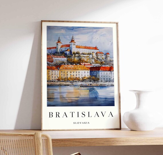 Bratislava Castle Riverfront Boats Danube Watercolor Travel Poster