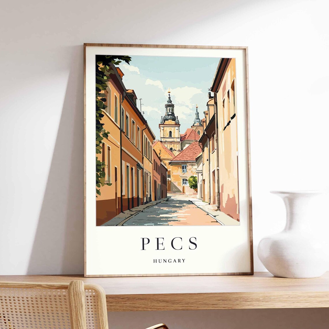 Pecs Hungary Sunlit Street Cathedral Twin Towers Old Town Poster