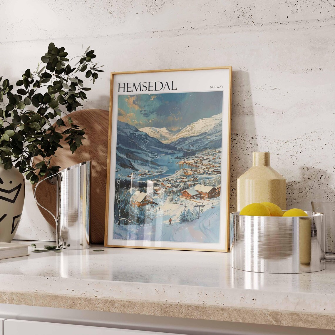 Hemsedal Norway Winter Lakeside Town Snowy Slopes Chairlift Poster - Image 2