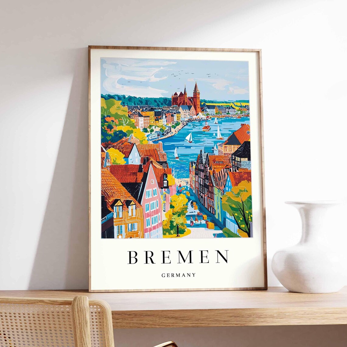 Bremen Germany Weser Riverside Colorful Illustration Travel Poster