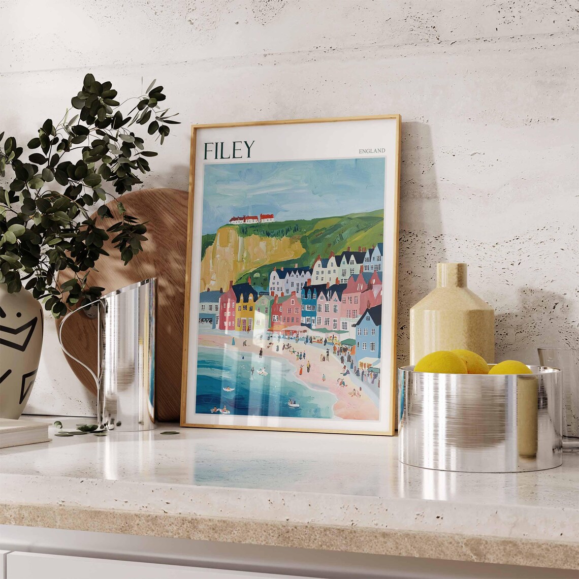 Filey England Colorful Harbor Houses Beach Boats Painting Style Poster - Image 2