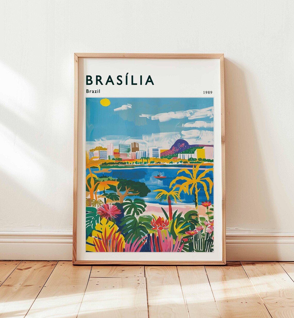 Brasilia Brazil 1989 Retro Travel Poster with Tropical Lake Scene