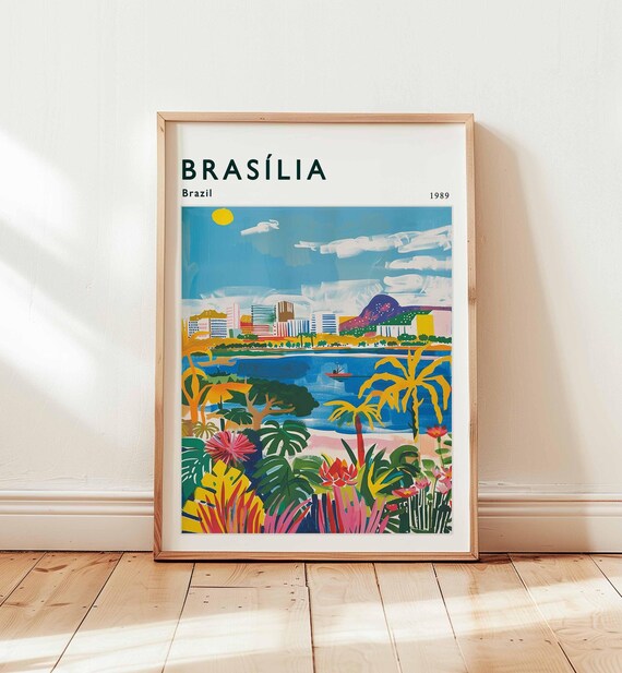 Brasilia Brazil 1989 Retro Travel Poster with Tropical Lake Scene