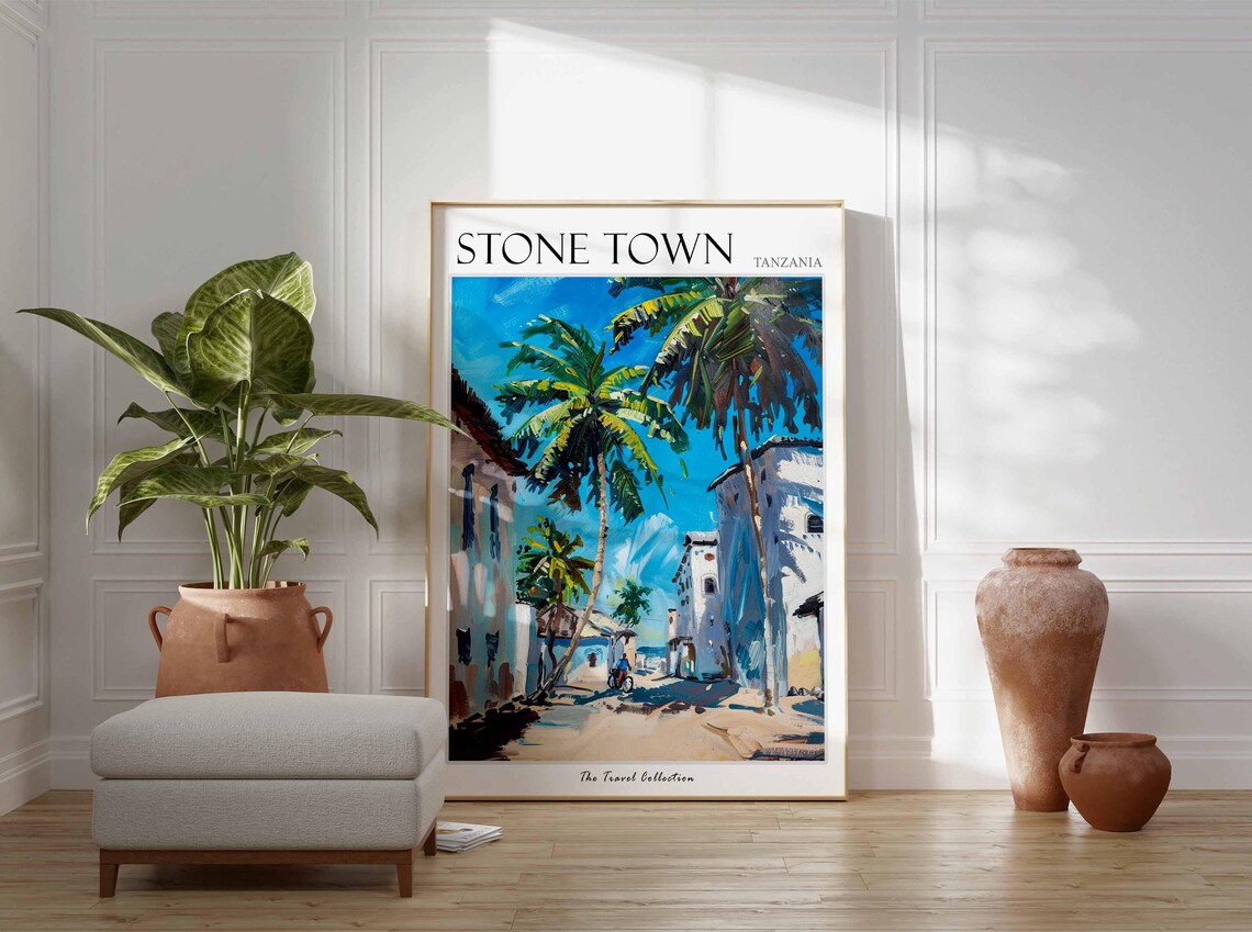 Stone Town Tanzania Old Street Palm Trees Cyclist Coastal Town Poster - Image 2