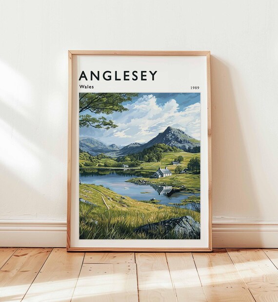 Anglesey Wales 1989 Mountain Lake Cottage Landscape Painting Poster