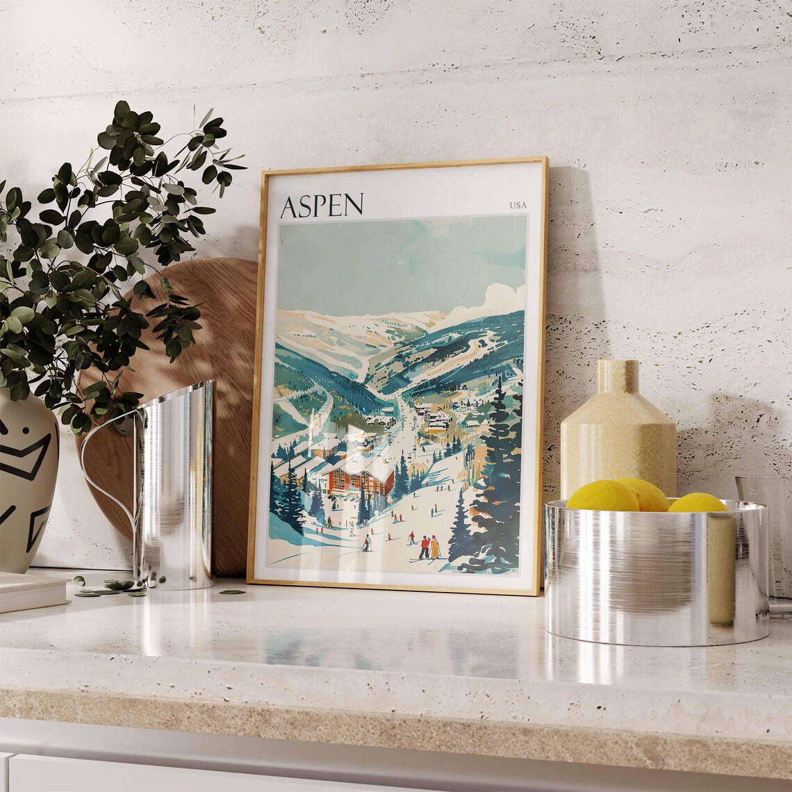 Aspen USA Retro Ski Lodge Village Alpine Winter Landscape Poster - Image 2