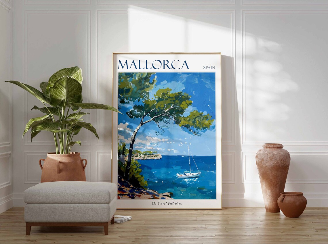 Mallorca Spain Coastline Painting Sailboat Mediterranean Island Poster - Image 3